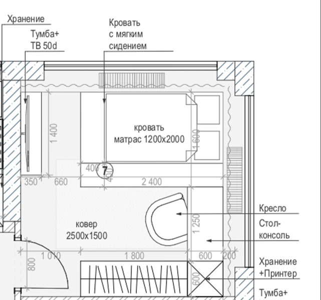 З креслення не особливо зрозуміло, скільки буде простору в кімнаті. Частина креслення з планом розстановки меблів в дитячій кімнаті