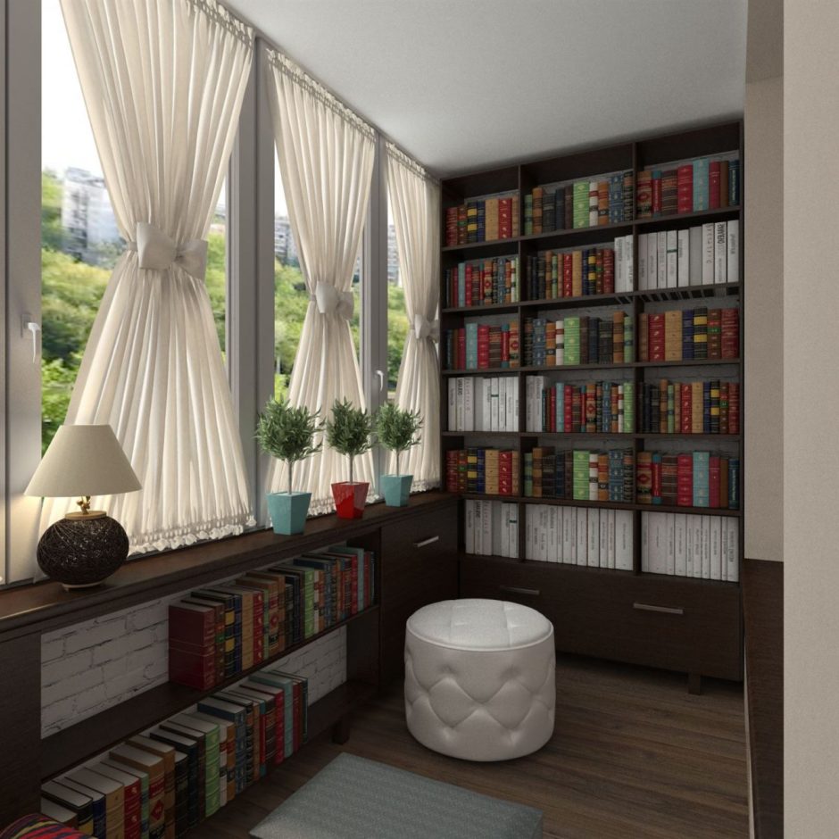 Оформлення балкона: 50+ ідей для вашого затишку 3 - Int Mebel Балкон об'єднаний з кімнатою. Бібліотека