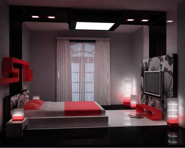 Темна спальна кімната з яскравими червоними плямами